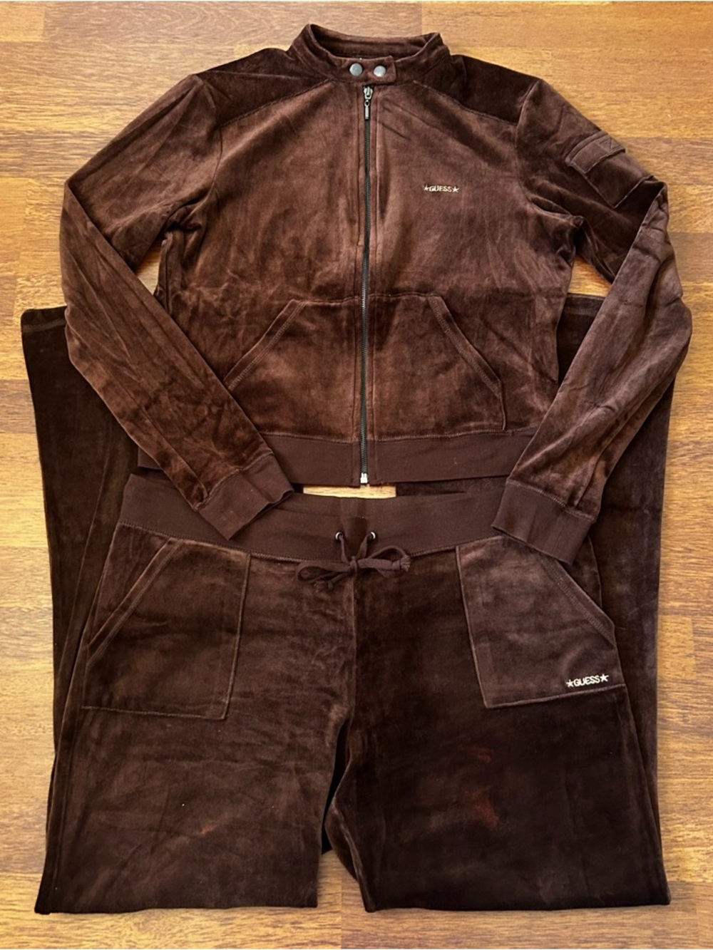 Guess Jeans Y2K Brown Velour Zip-Up Jacket & Drawstring Pants